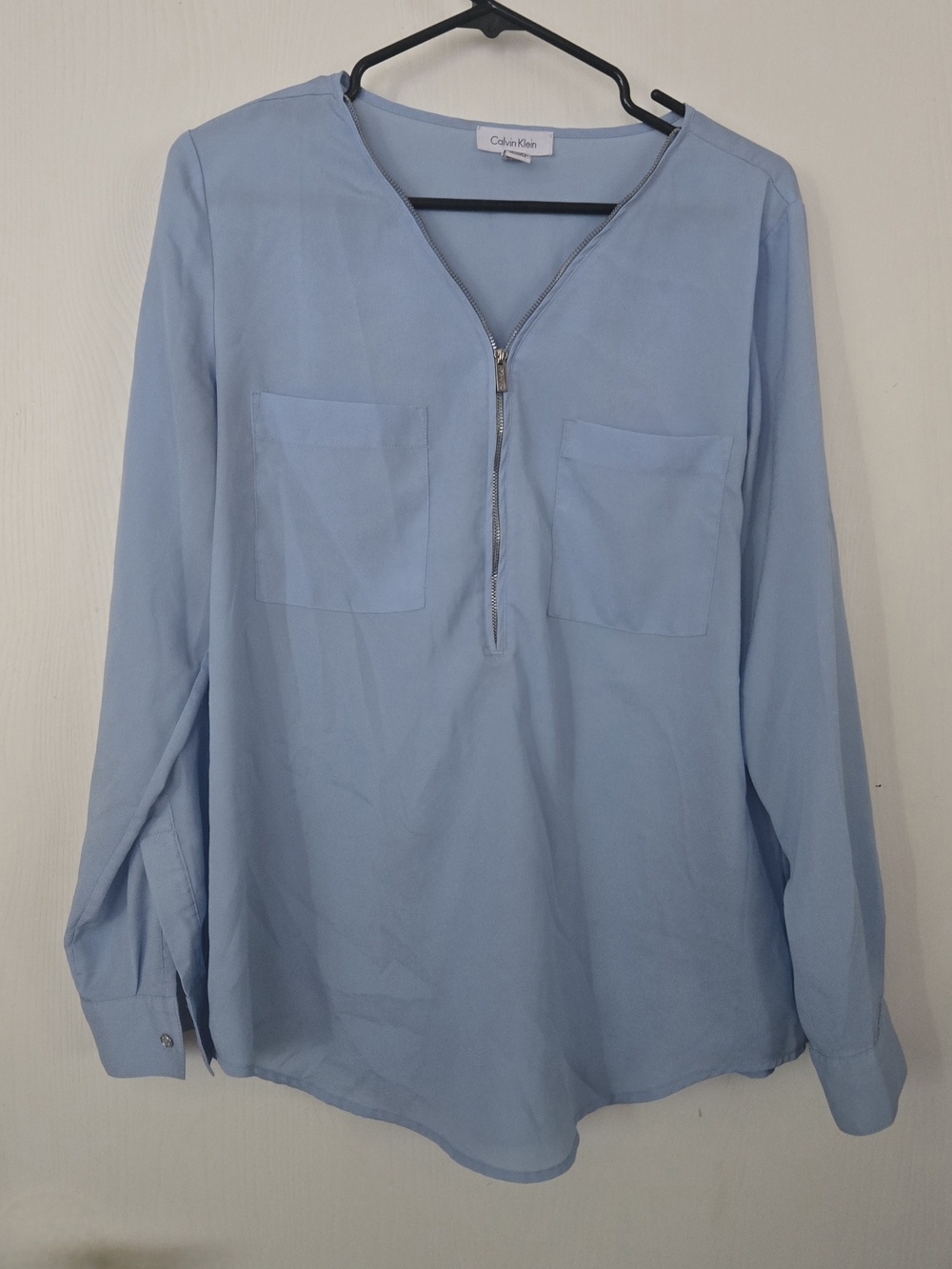 Calvin Klein Light Blue Zip Front Blouse Medium